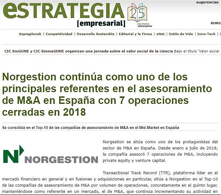 Norgestion contina como uno de los principales referentes en el asesoramiento de M&A en Espaa con 7 operaciones cerradas en 2018